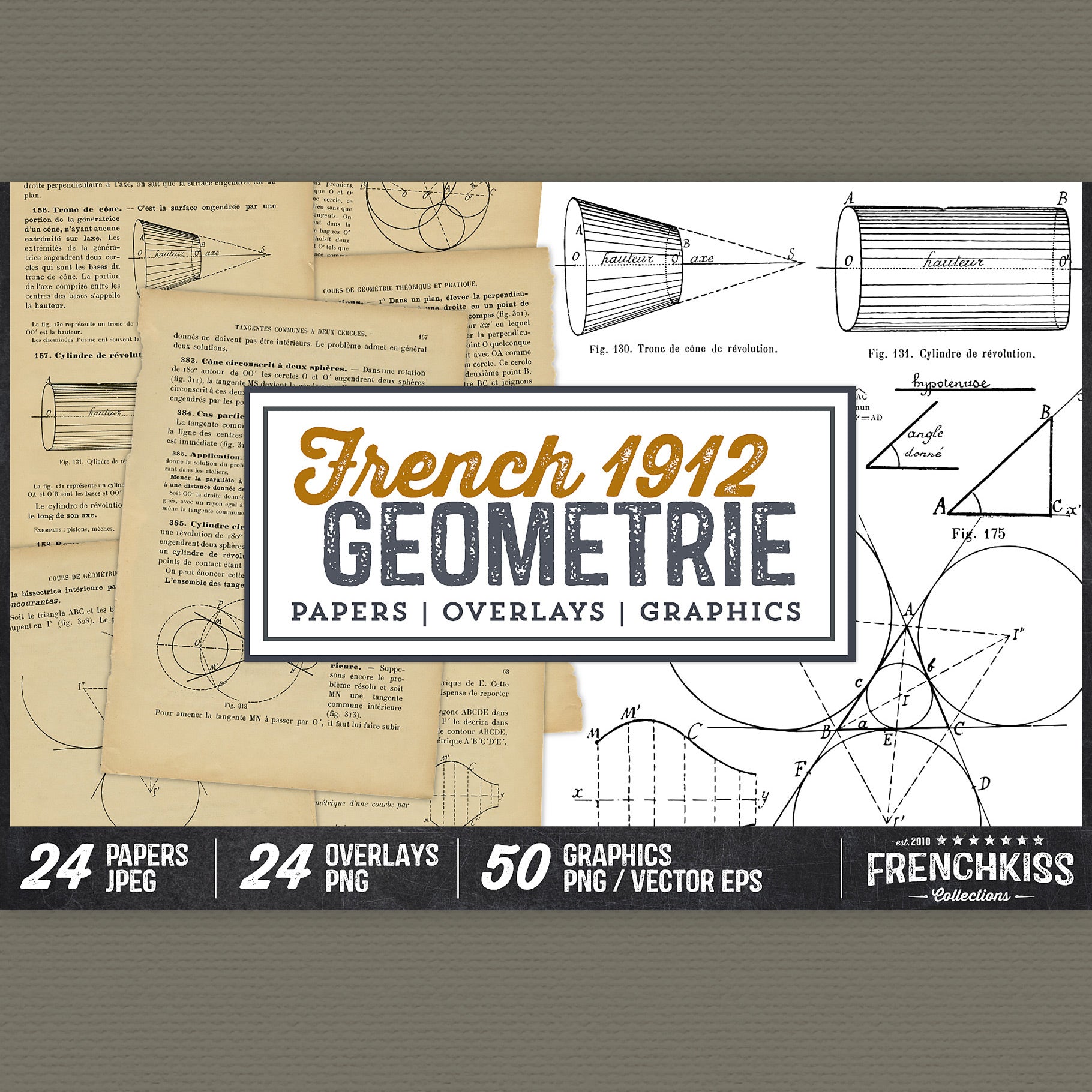 Papers, overlays and vector digital Illustrations and text from a 1912 French book on geometry. 