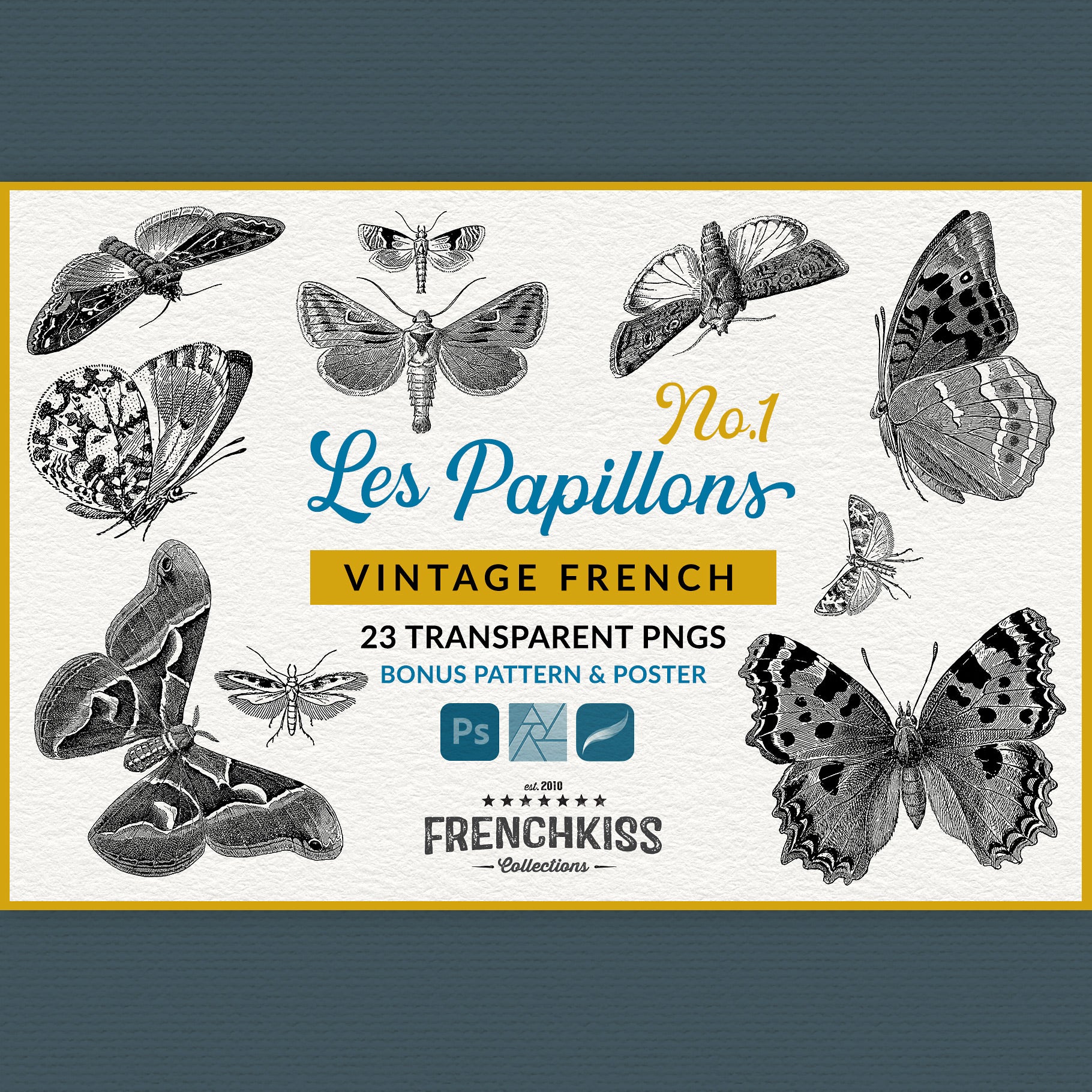 Les Papillons vintage French butterfly digital graphics.