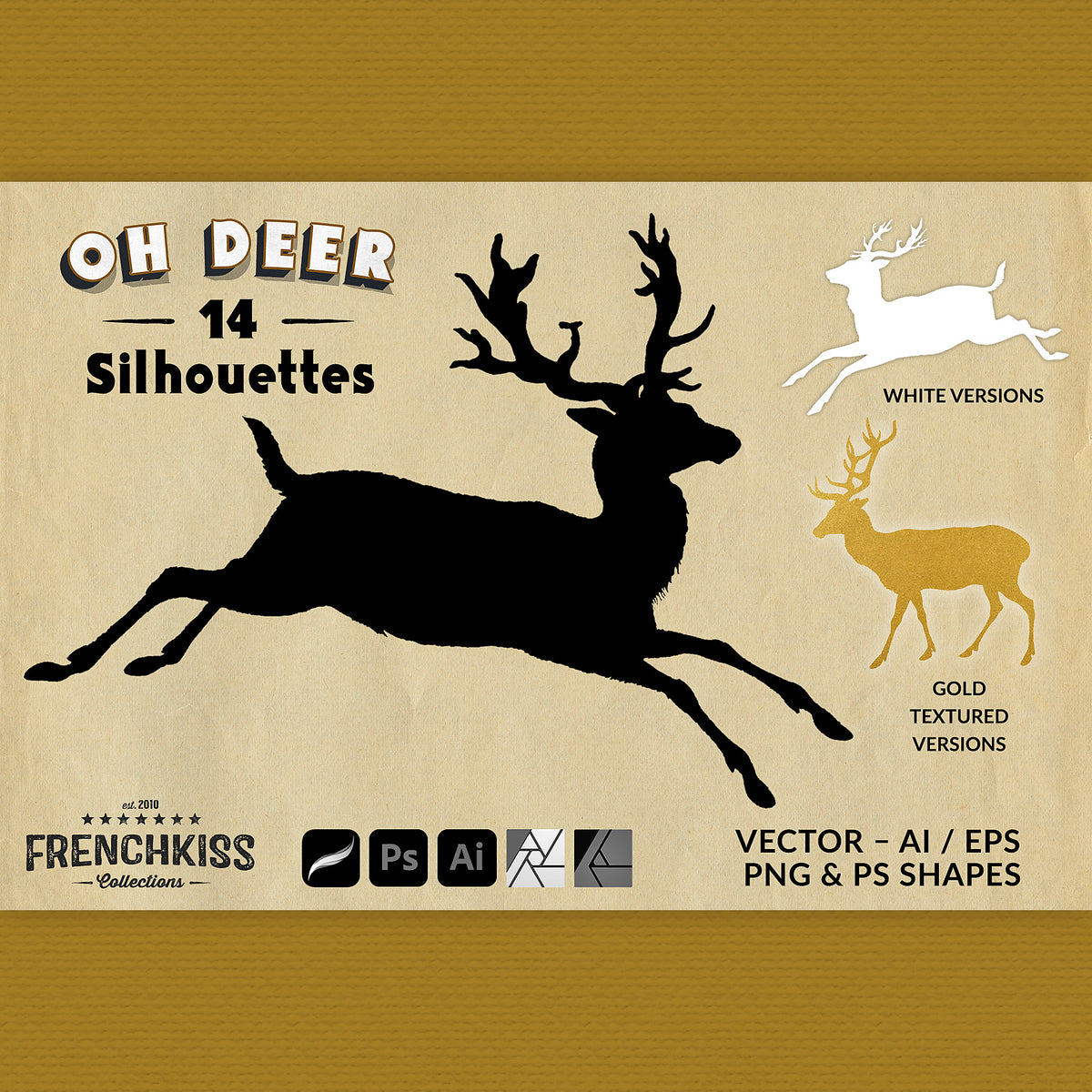 Vintage deer illustrations silhouette graphics. Vector, PNG, and PS Shapes.