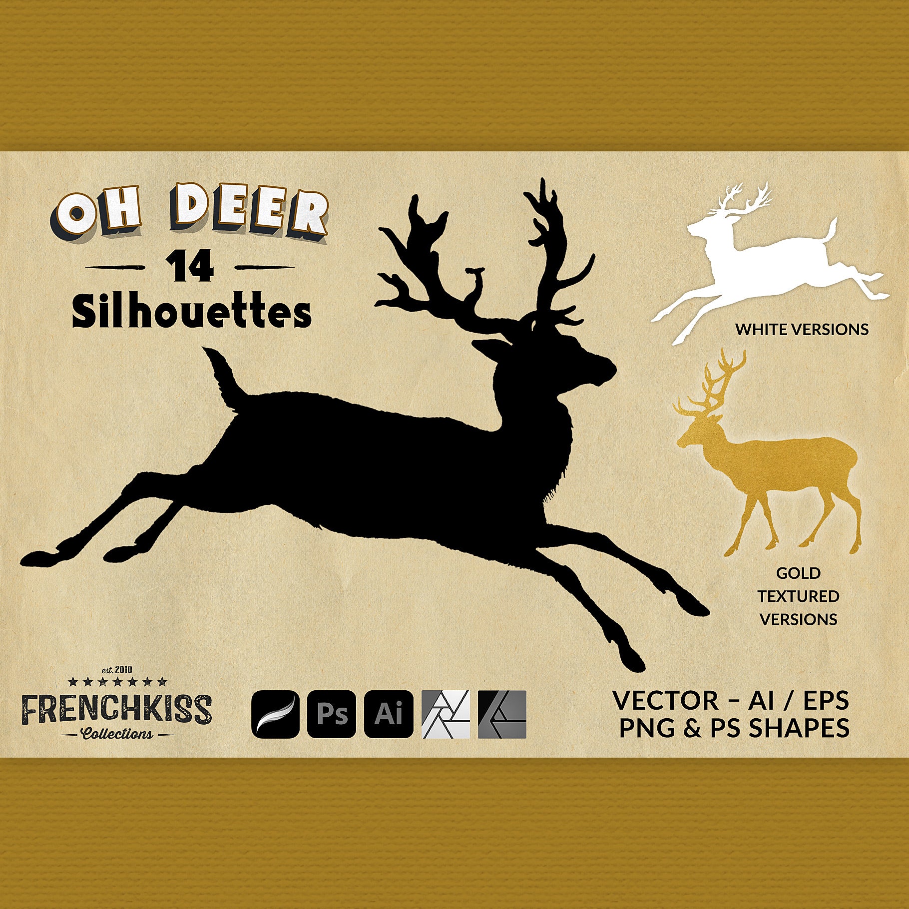 Vintage deer illustrations silhouette graphics. Vector, PNG, and PS Shapes.