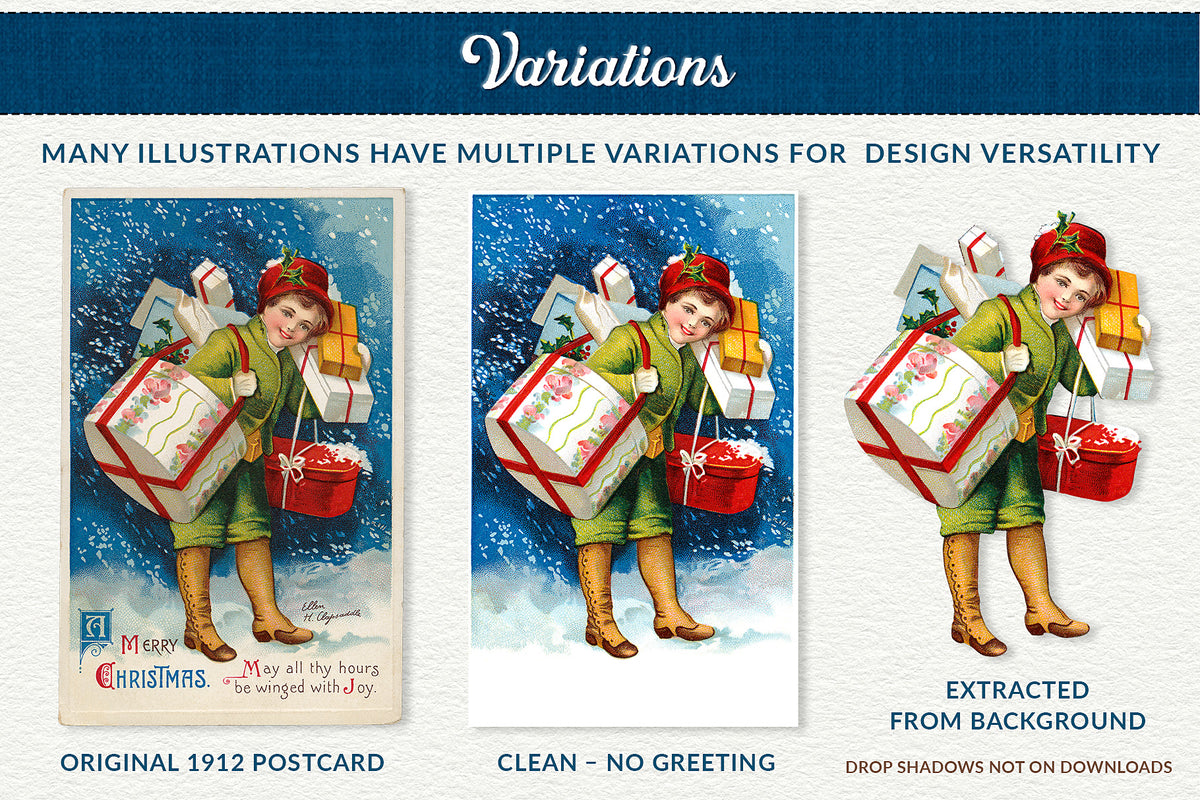 The Vintage Christmas Illustrations Compendium digital graphics have multiple variations including extracted from the background.