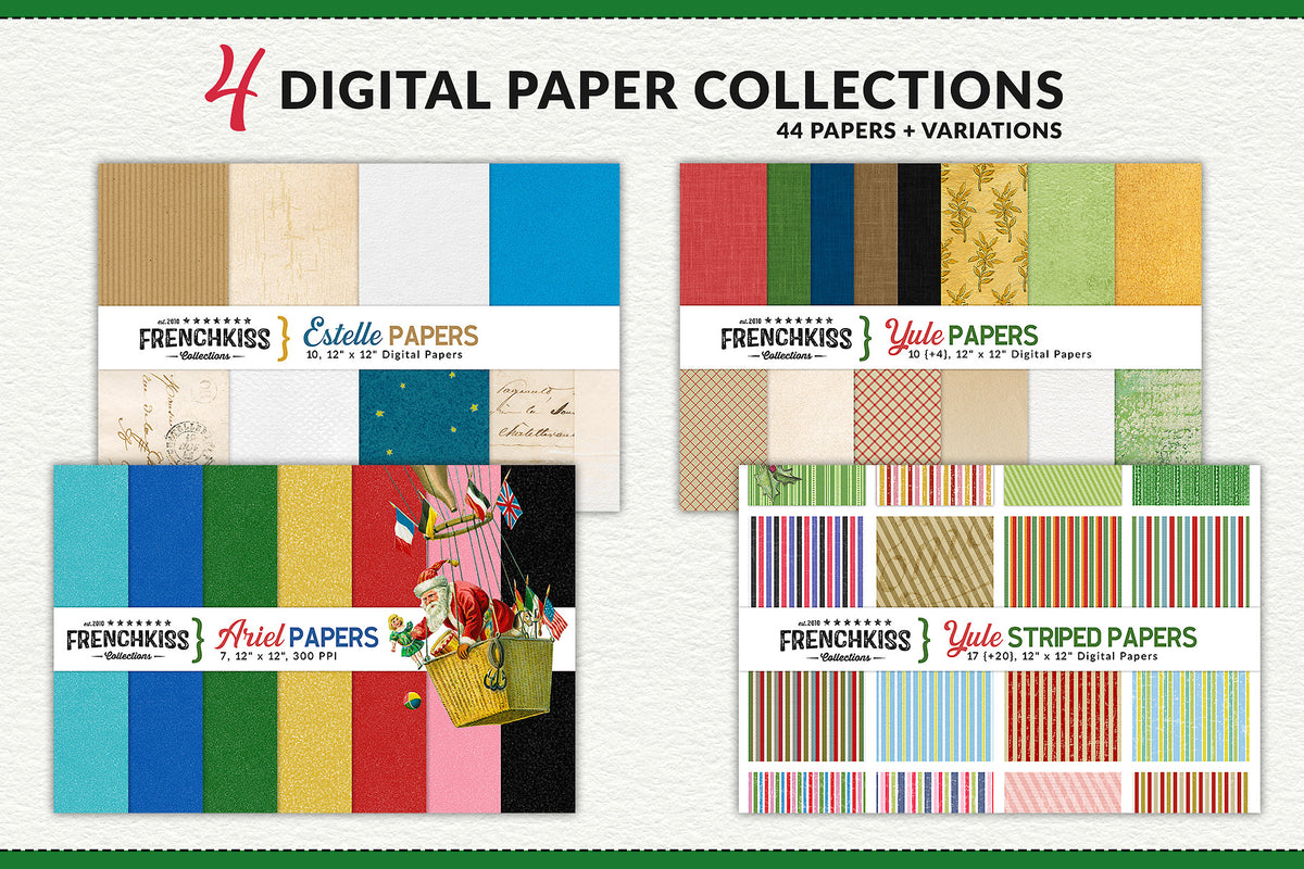 4 Digital Paper collections include Christmas, solids, stripes and vintage themes.