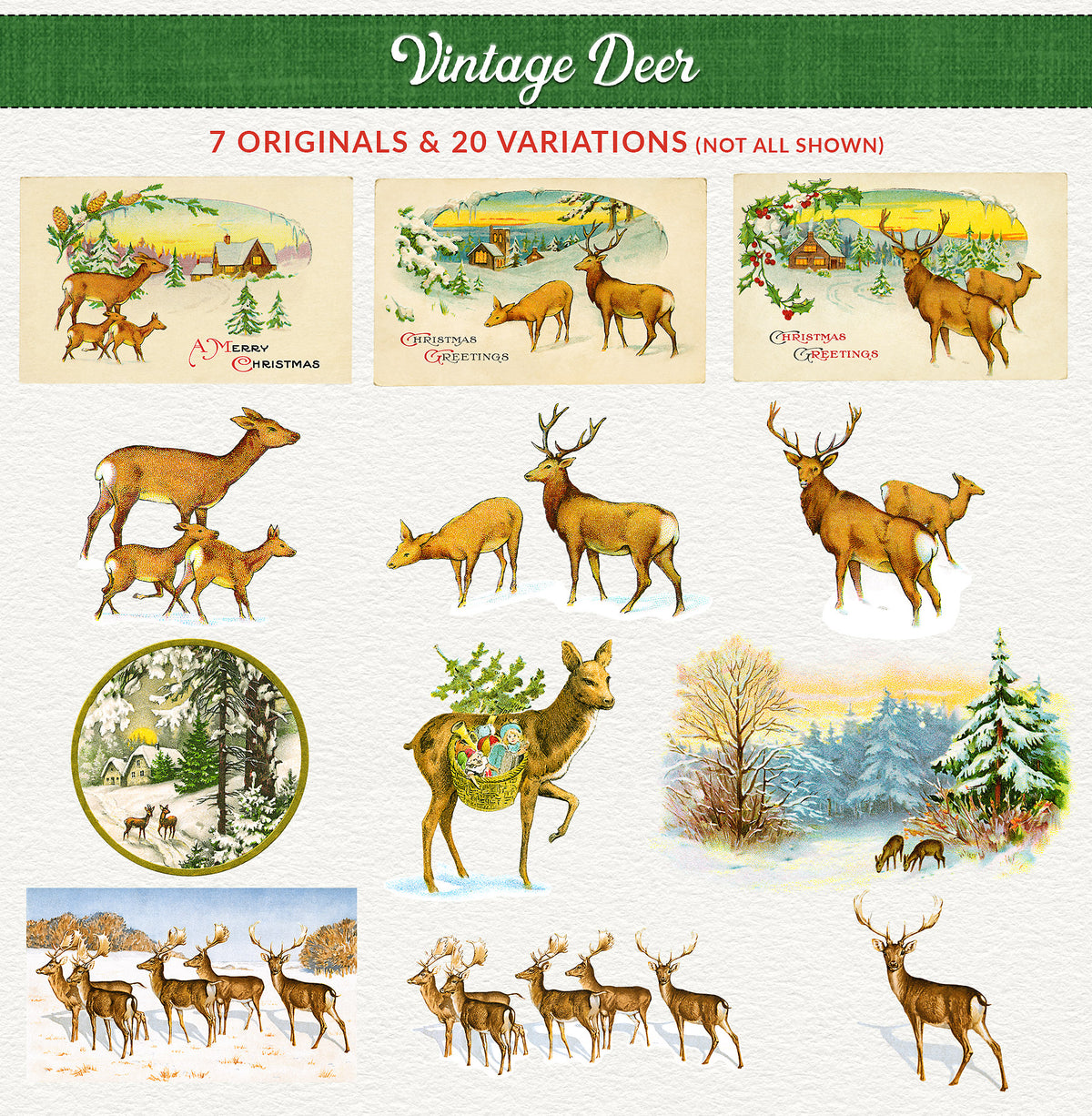 Vintage Christmas Illustrations Compendium  Deer graphics.
