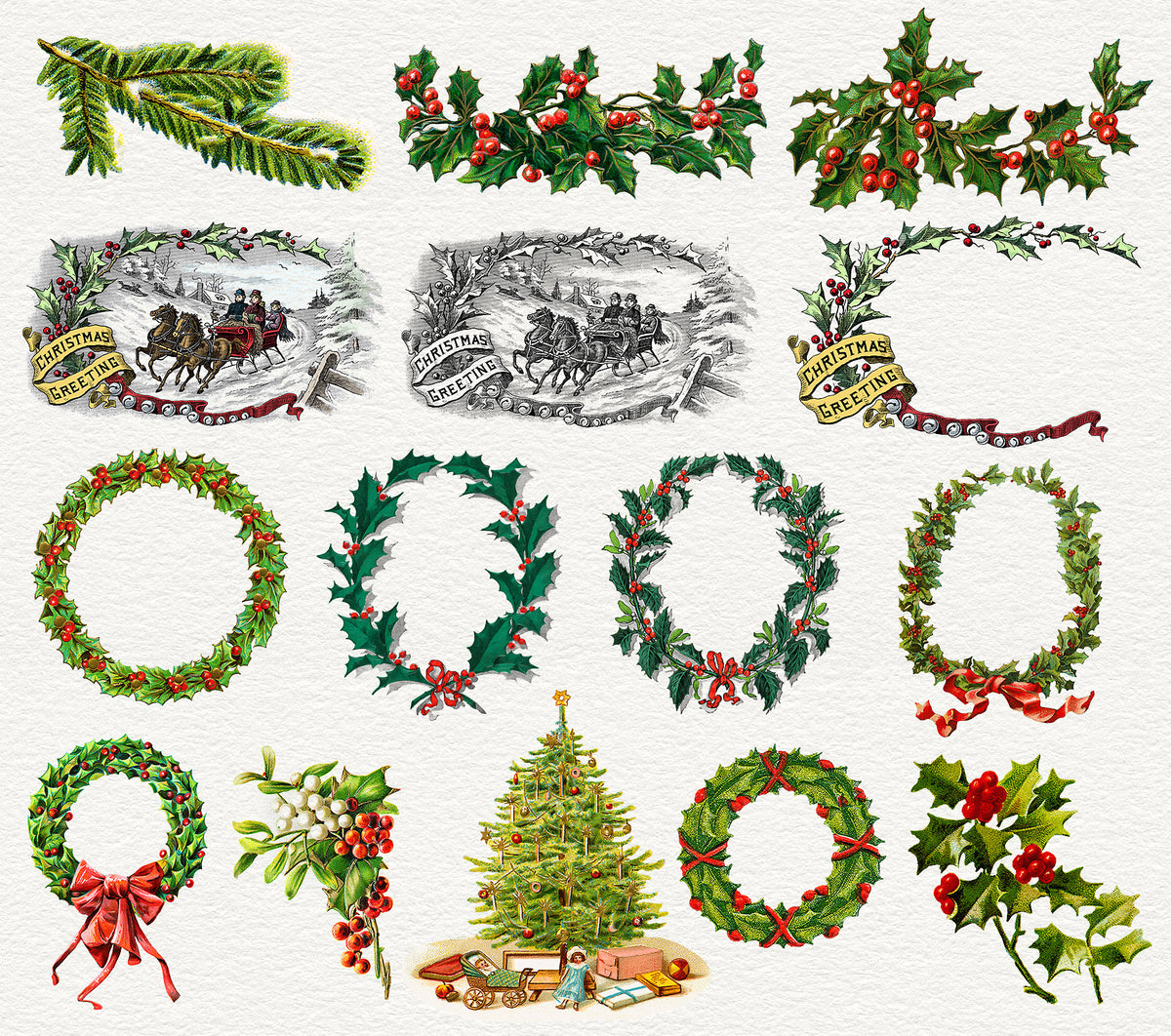 Vintage Christmas Illustrations Compendium  Holly and greenery graphics.