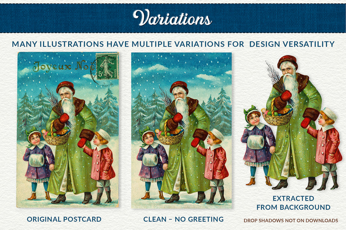 Vintage Christmas illustration graphics multiple variations for design versatility.