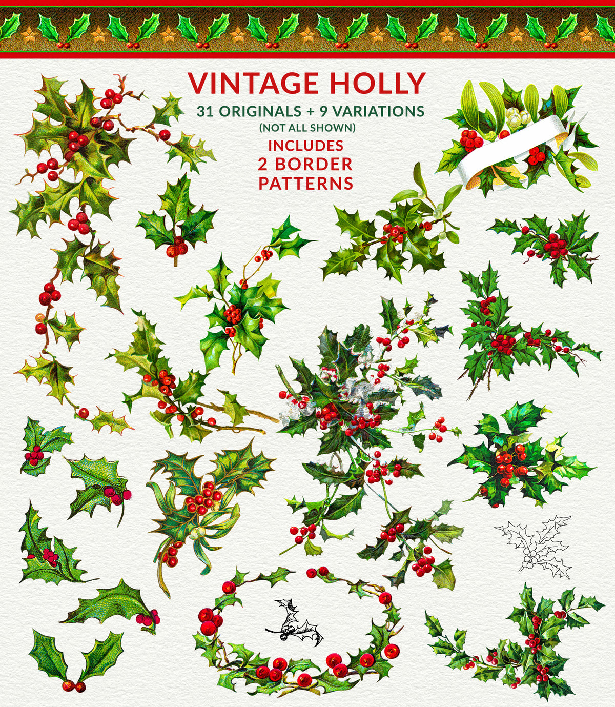 Vintage Holly clip art illustrations from the Vintage Christmas Illustrations Compendium.