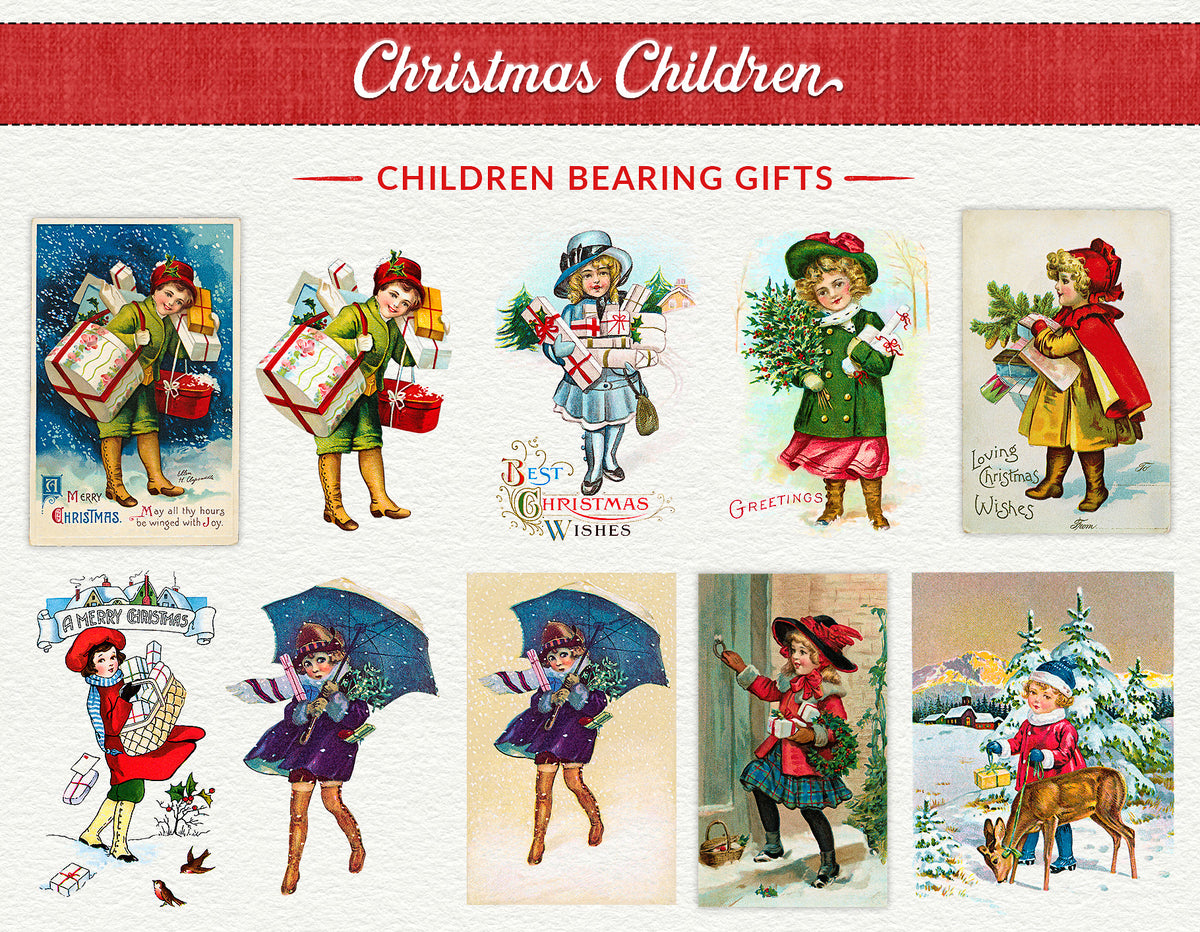 Vintage children bearing gifts illustrations from the Vintage Christmas Illustrations Compendium extended license graphics collection.