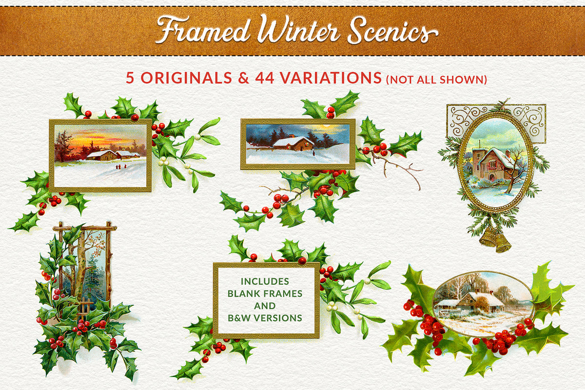 Vintage illustration graphics of winter snow scenics in frames and holly.