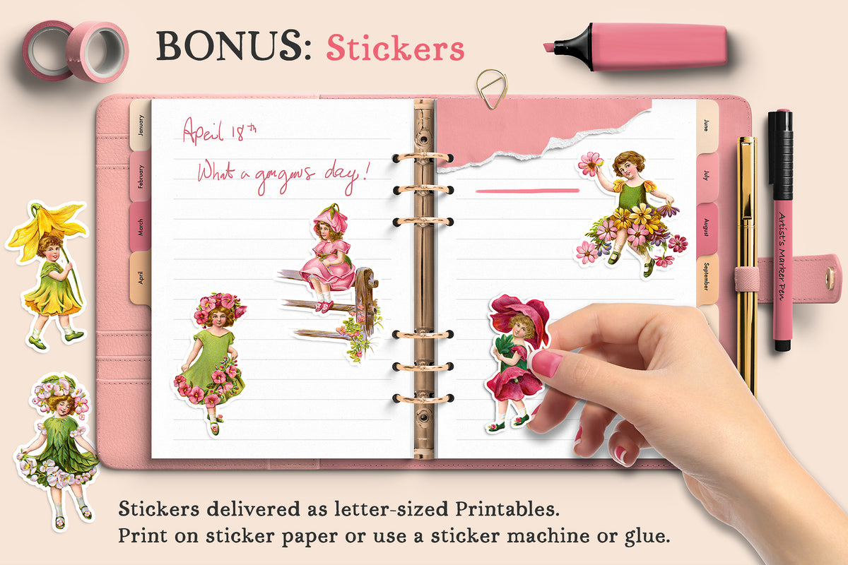 Vintage fantasy flower girl printables for stickers, junk journal, and scrapbooking.