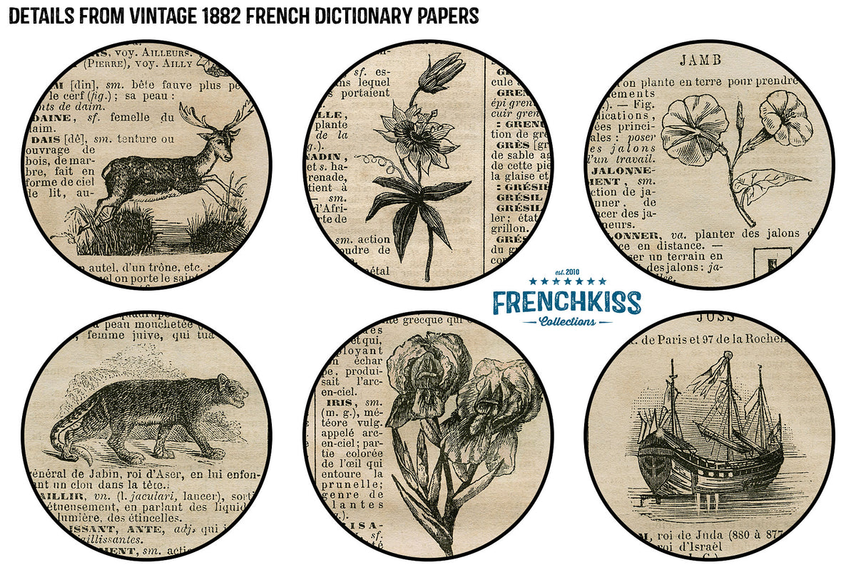 Details of vintage papers from an 1882 French dictionary with illustrations.