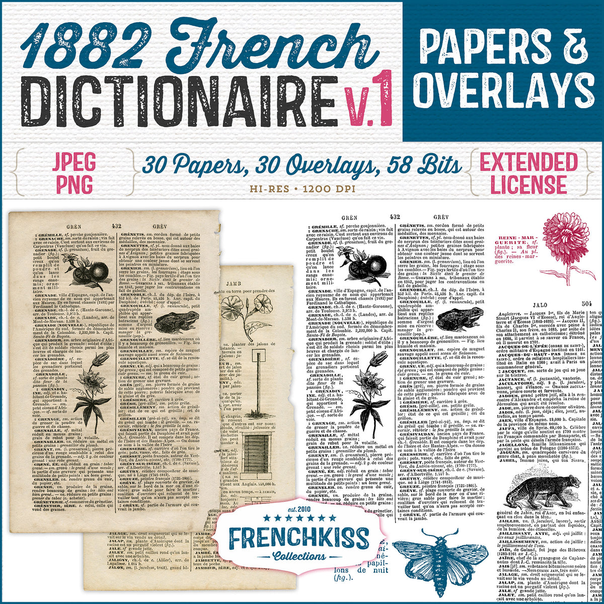 Vintage Papers and Overlays from an 1882 French dictionary with illustrations.