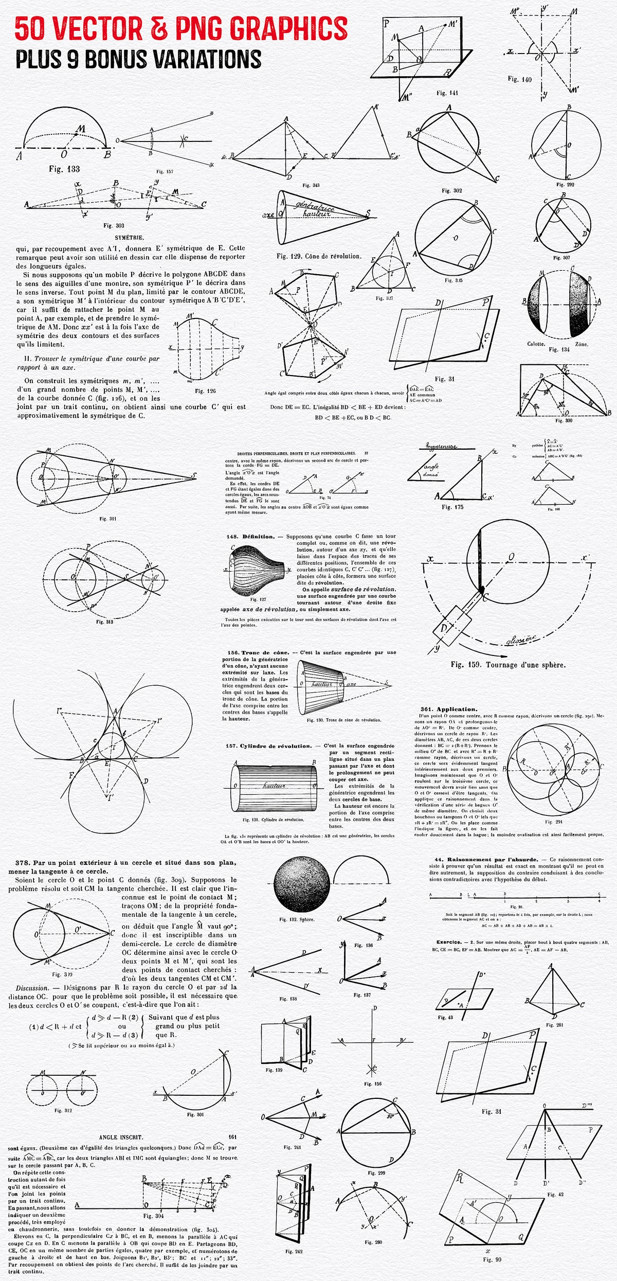 Elements extracted from the pages of 1912 French Geometrie graphics. PNG and Vector.