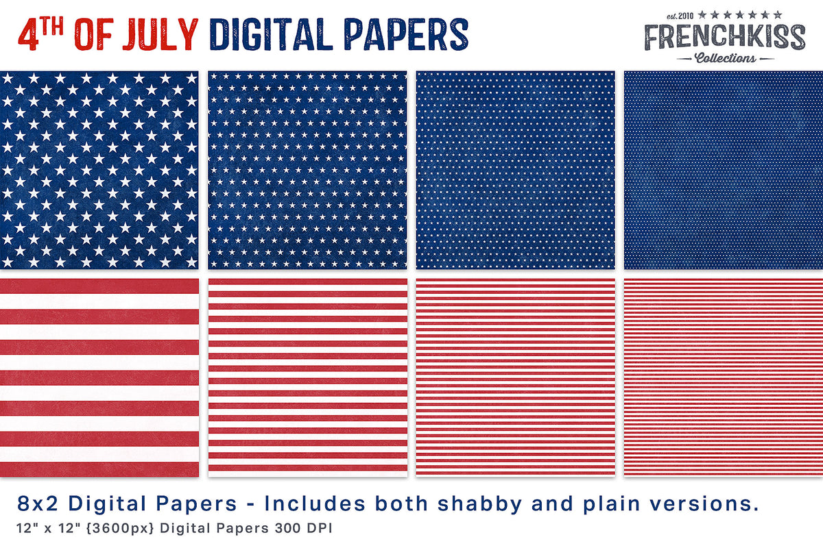 4th of July, red, white and blue stars and stripes digital papers.