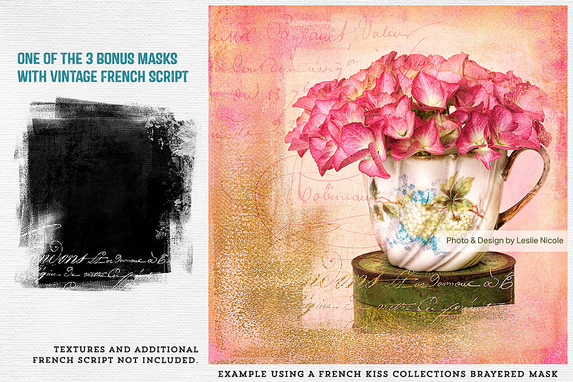 Usage example with one of the brayered photo masks with a textured photo, background, and vintage French script..
