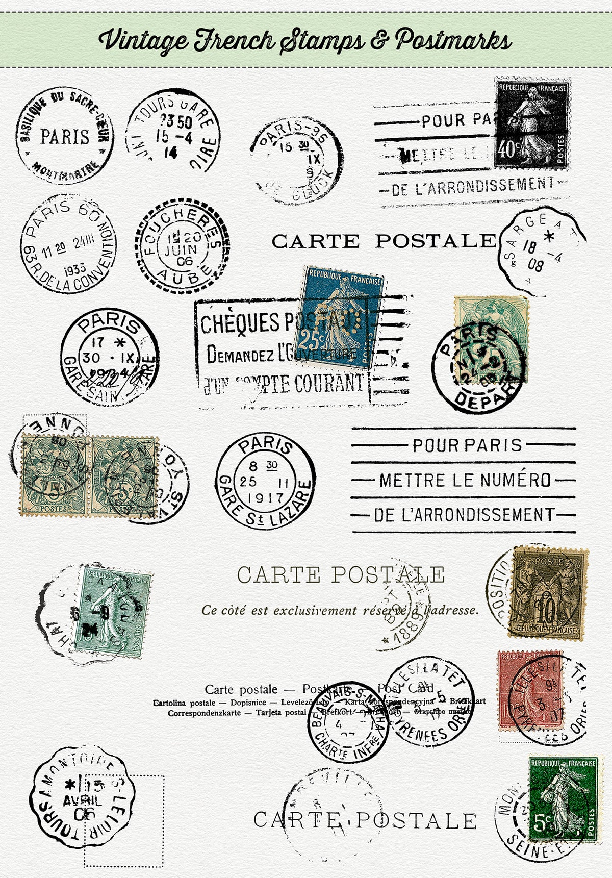 Vintage French stamps and postmarks digital overlays from The Essential Vintage French Graphics Collection.
