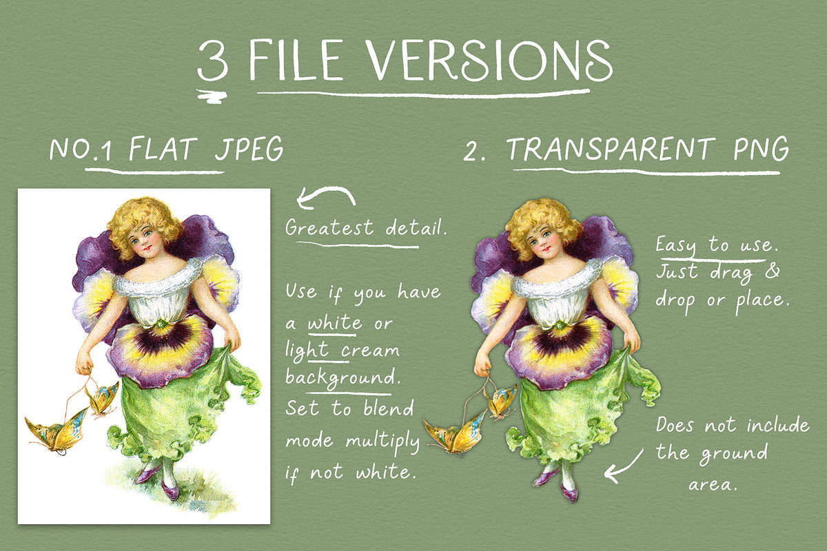 3 File versions of vintage flower fairy digital graphics.