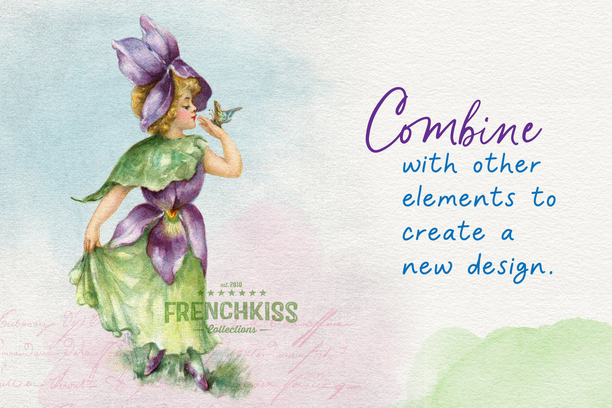 Combine the vintage flower fairy illustrationw with new elements to create a new design.