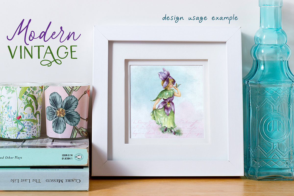 Create modern vintage artwork using vintage flower fairy illustrations.