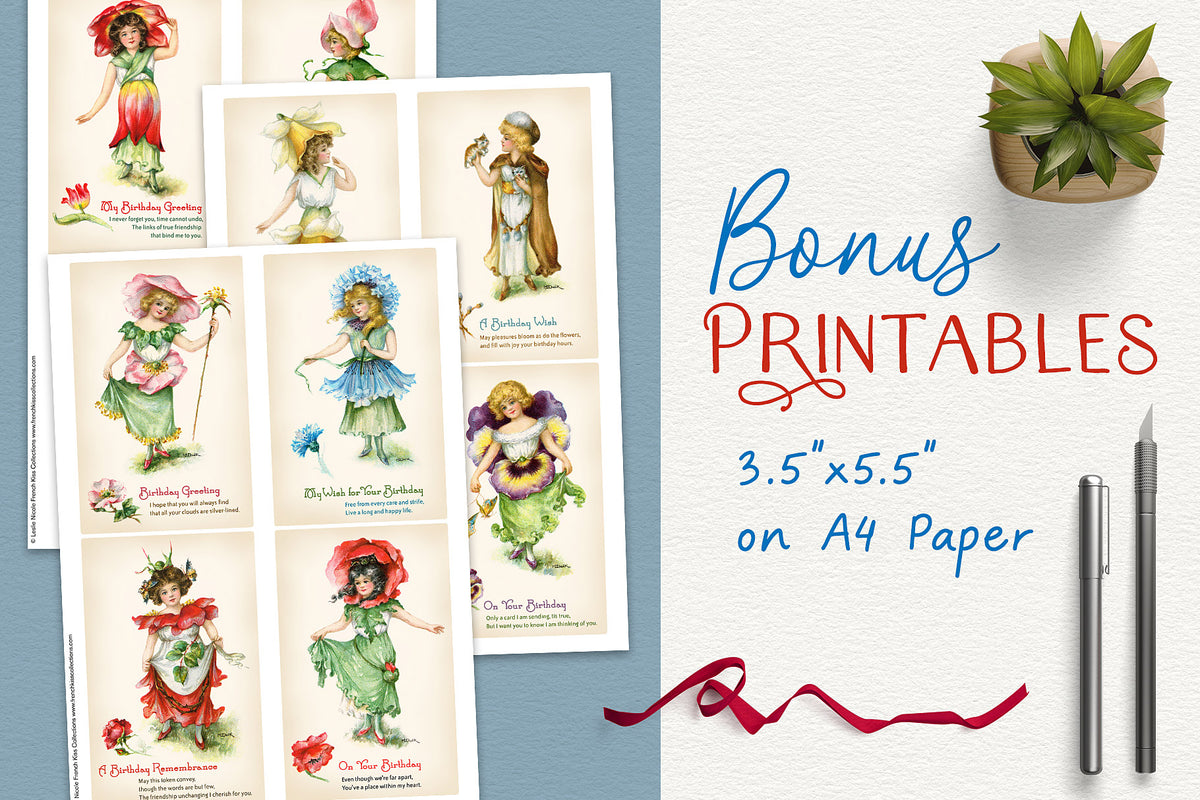 Printable versions of vintage flower fairy illustrations.