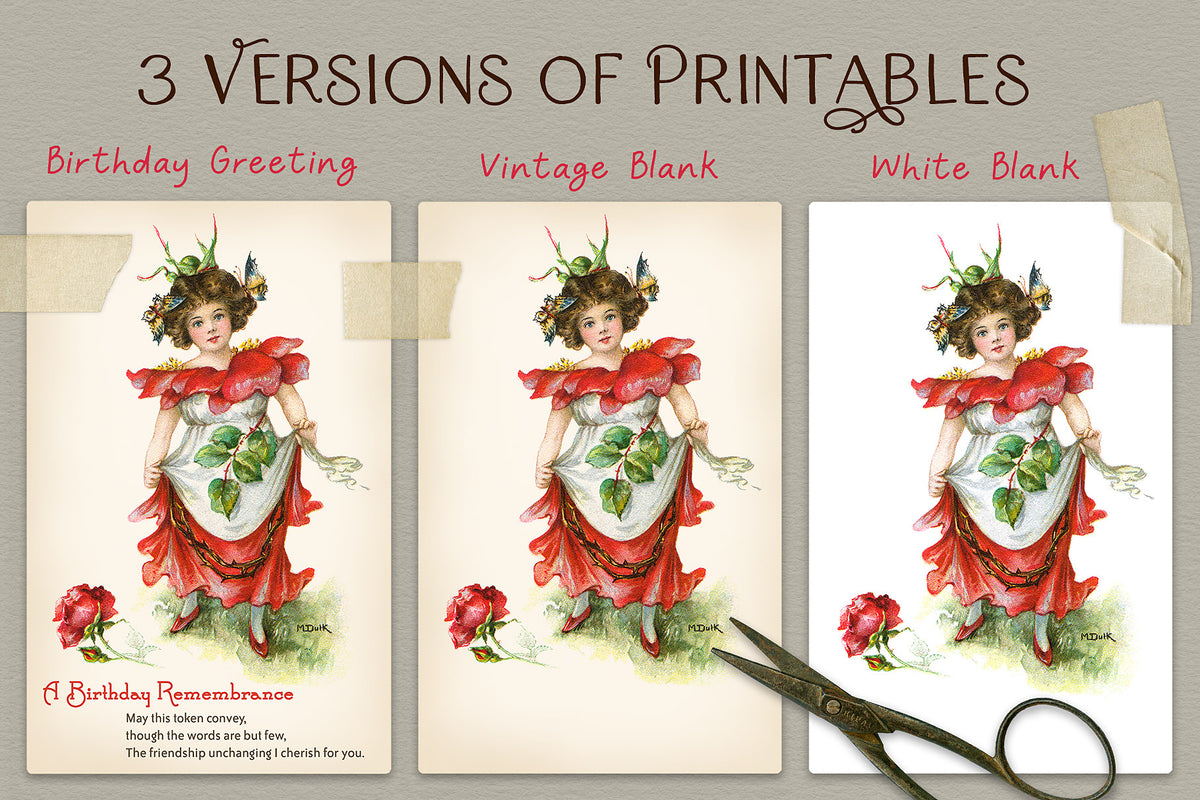 3 versions of vintage flower fairy illustrations.