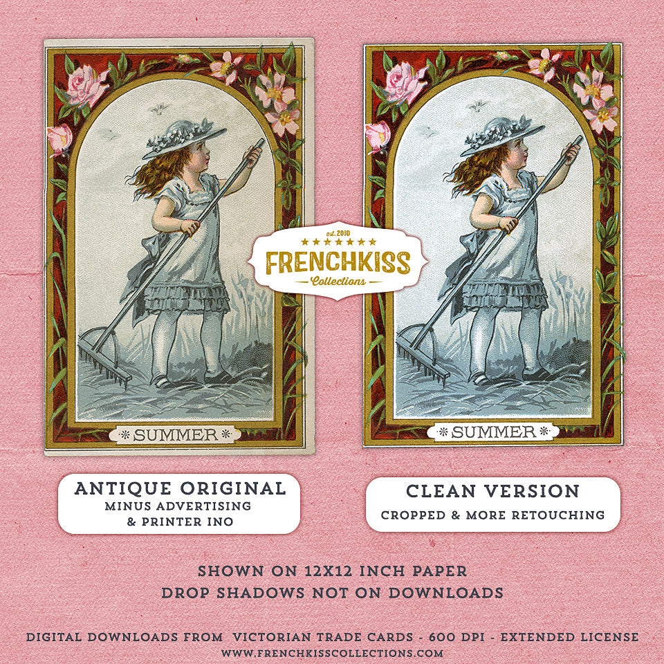 2 versions of each digital Victorian Trade card of girl in seasons.