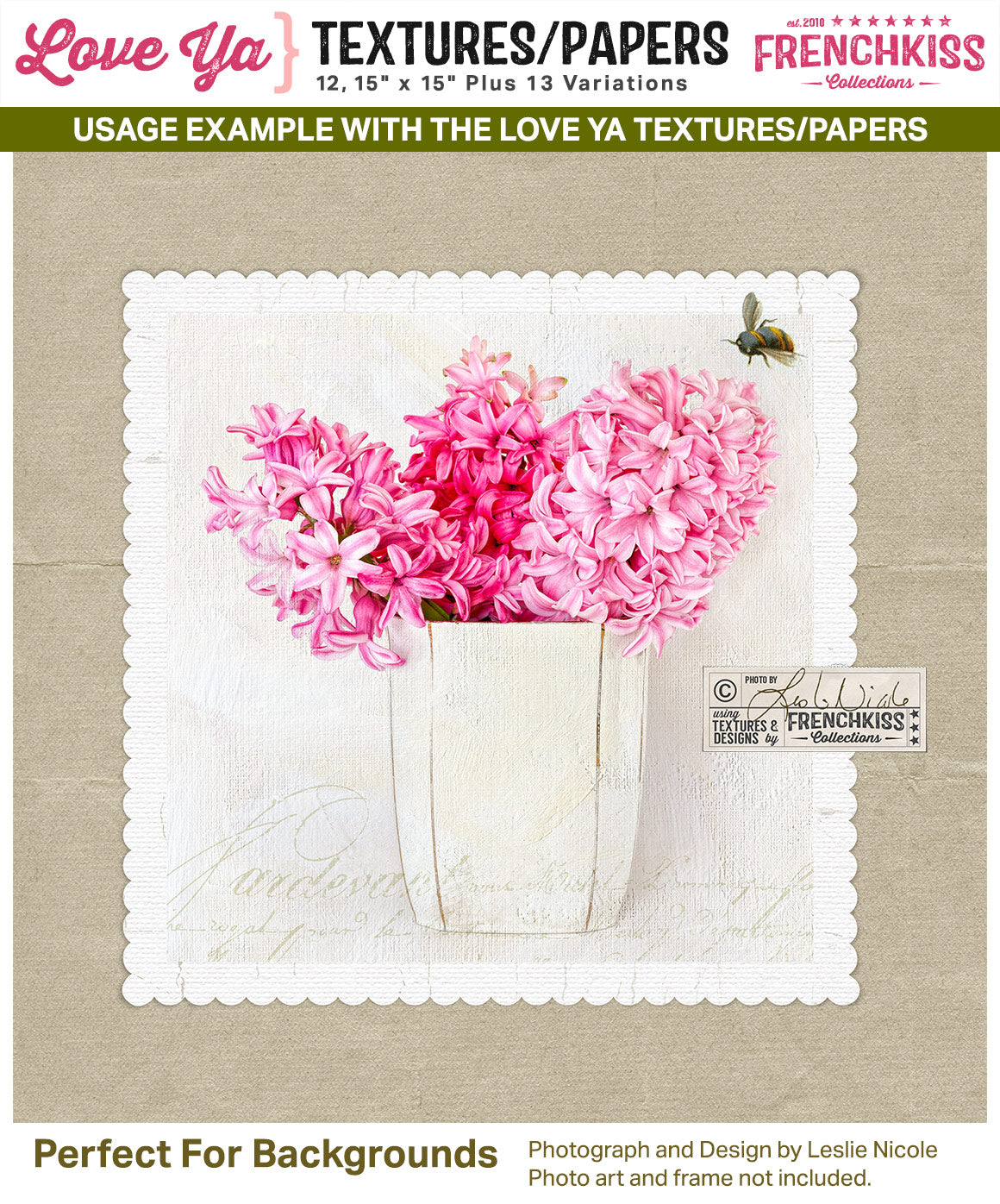 Usage example showing a texture / digital paper from the Love Ya collection as a background for a photograph.
