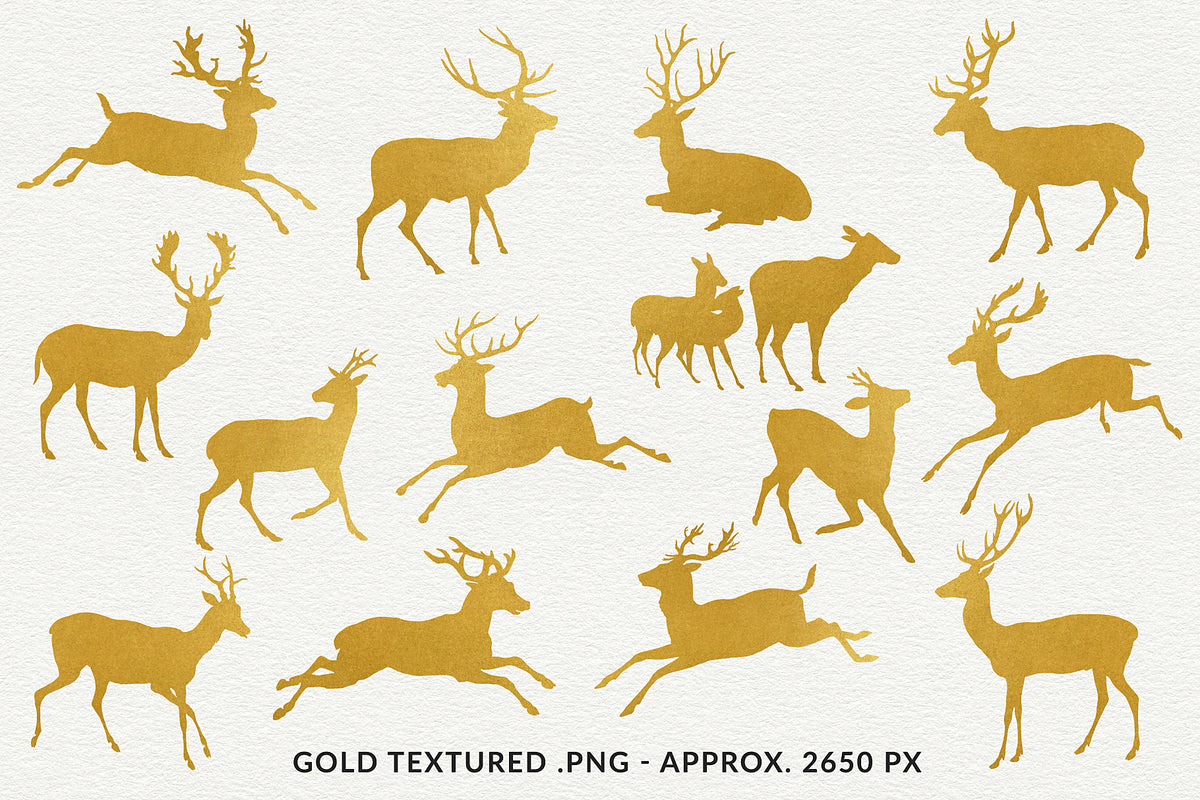 Vintage deer illustrations silhouette graphics. Vecor, PNT, PS Shapes. Gold.