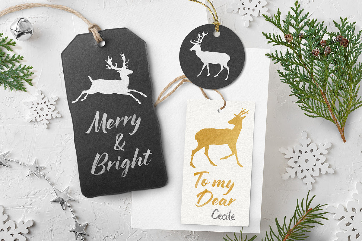 Gift tag design examples with vintage deer silhouette graphics.