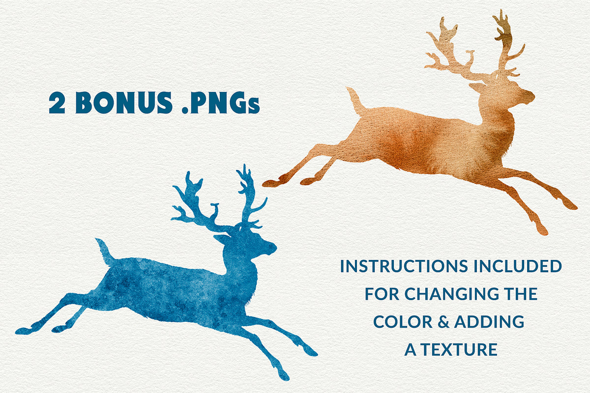 Vintage deer silhouette graphics with watercolor textures..