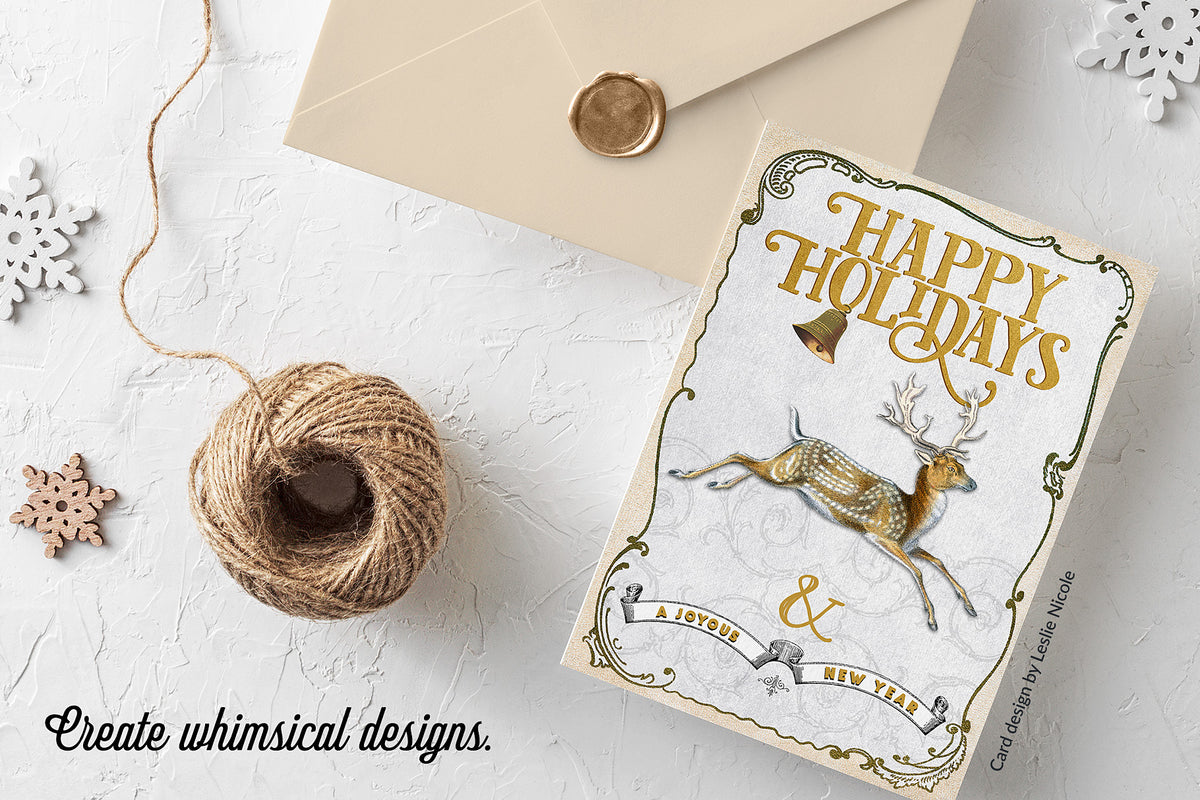 Holiday card created with a vintage deer illustration digital graphic.