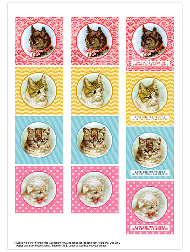 Digital download printable of vintage cat illustrations. Proceeds to benefit feral cats.