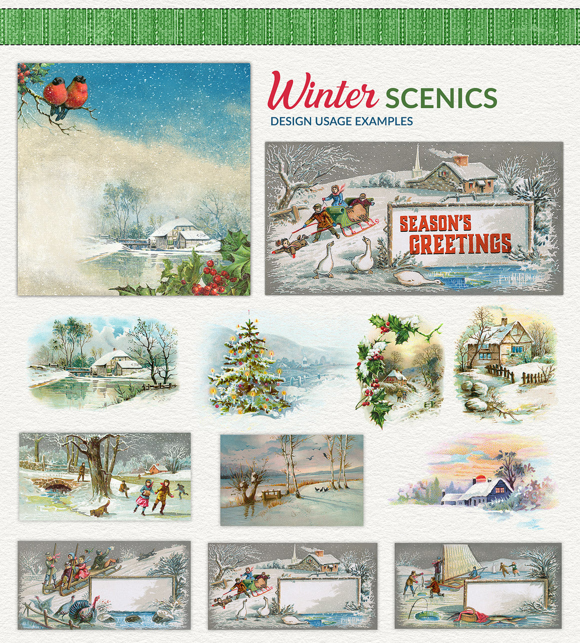 Vintage snowy Christmas winter scenics illustraion graphics with design usage examples.
