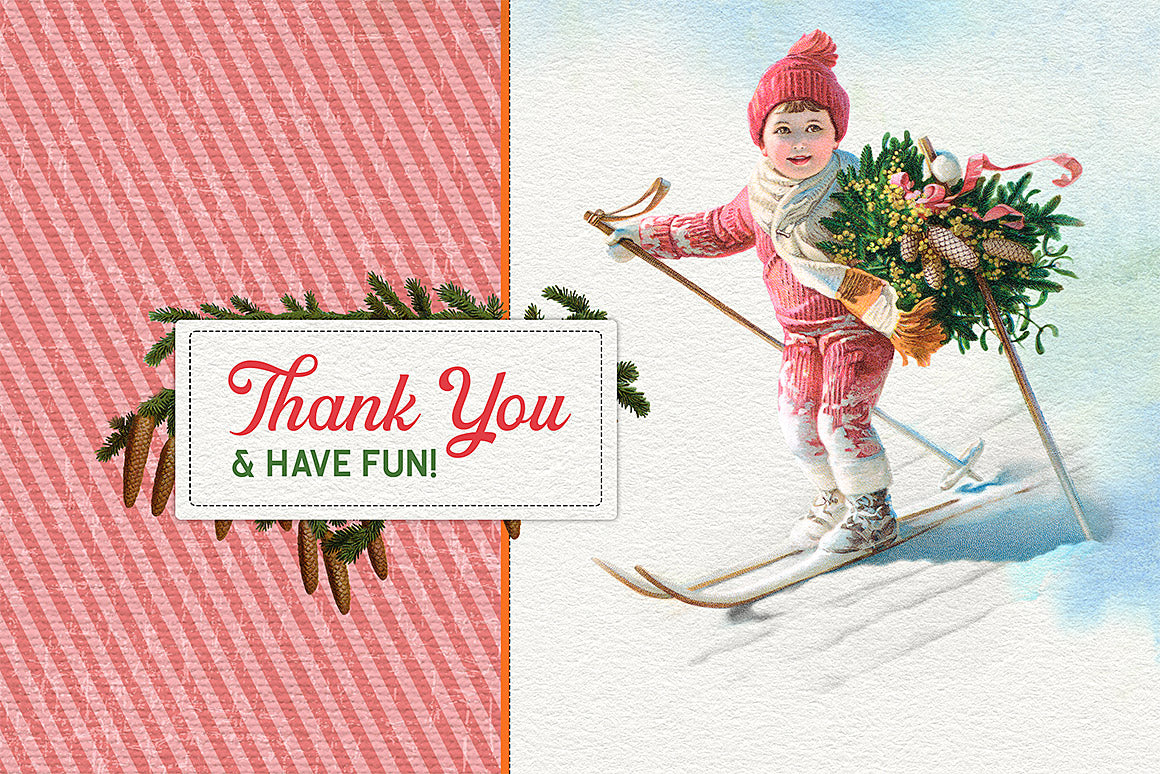 Vintage Christmas illustration of a boy skiing. Thank you and have fun!
