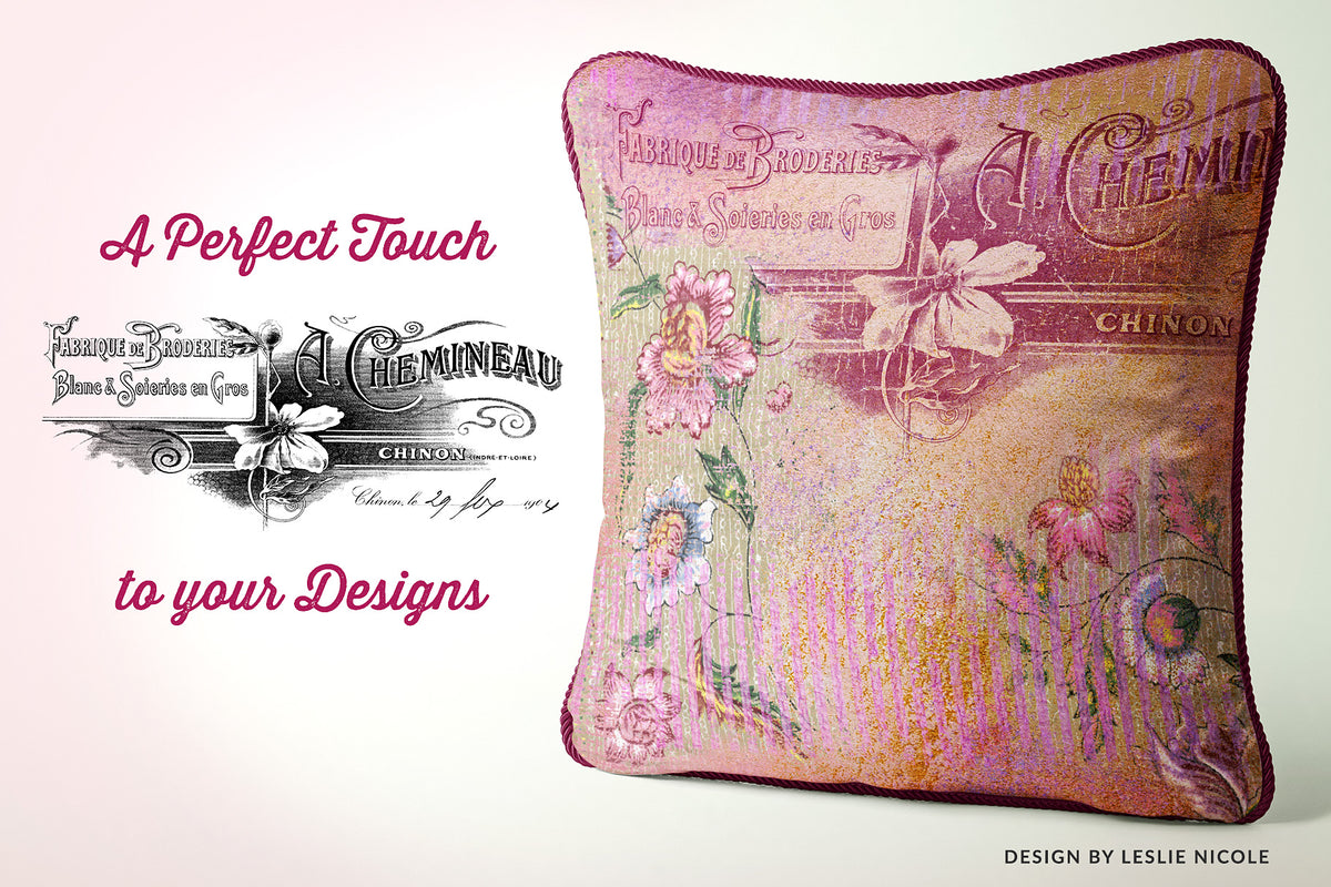 Throw pillow design with a vintage French overlay.