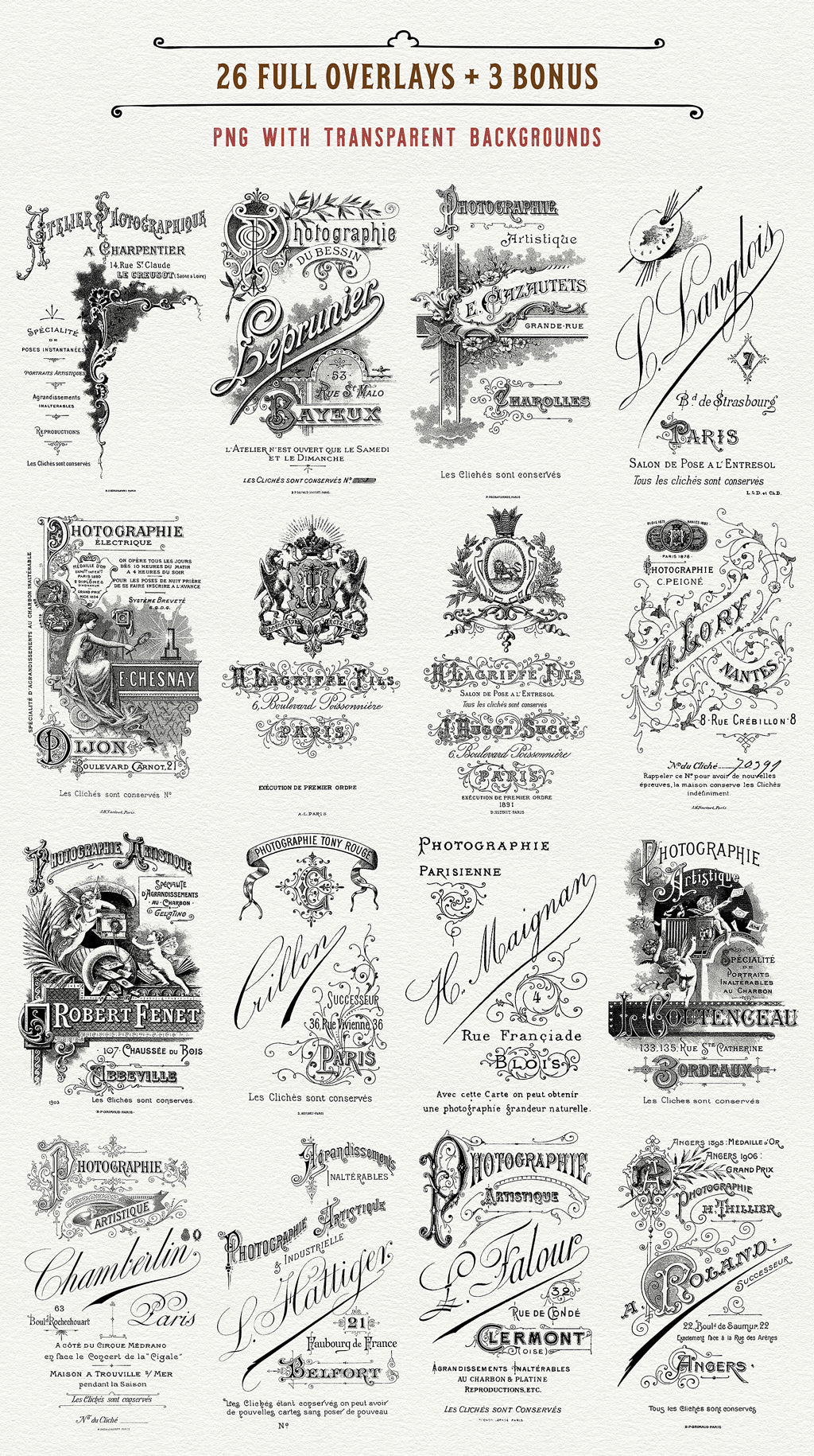 26 transparent overlays of French ephemera photo studio cabinet cards. Part 1.