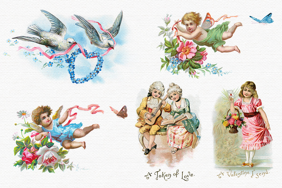 Lovely vintage Valentine illustrations with doves, cherubs, and children.