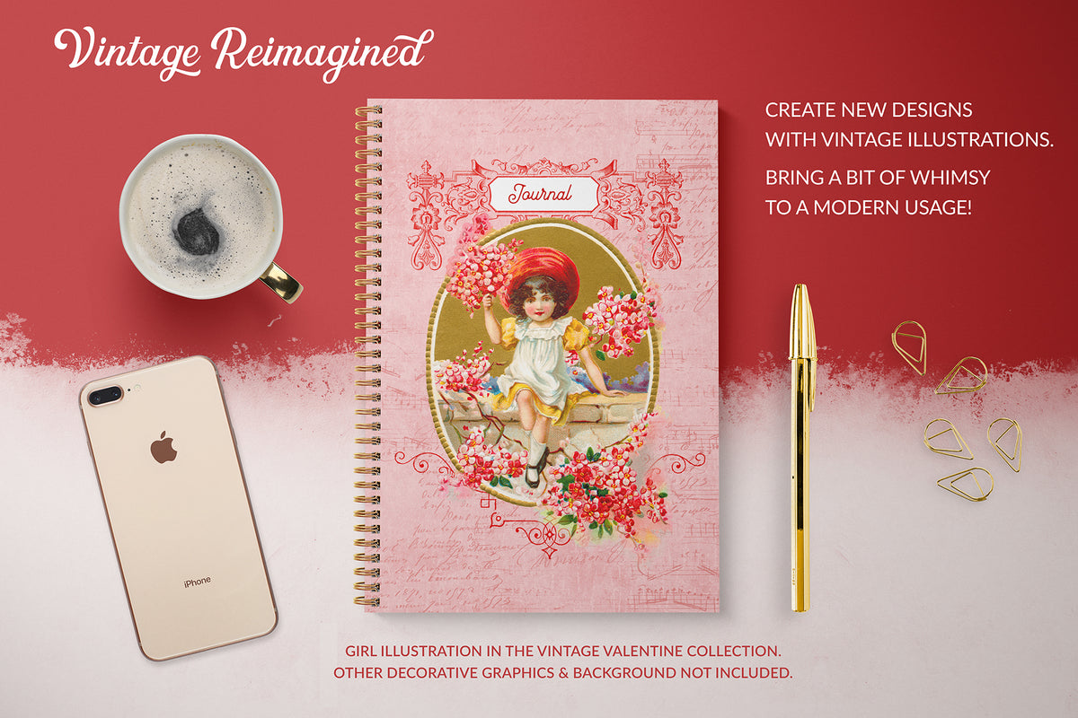 A design example of a journal cover using a vintage Valentine graphic of a girl holding cherry blossoms.