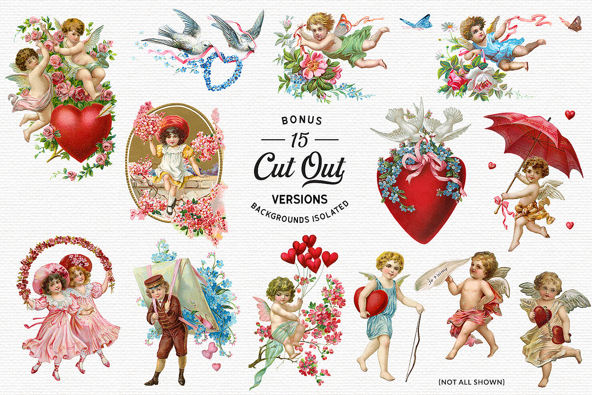 Cupids, cherubs, doves, hearts, and children digital graphics with isolated backgrounds from the Vintage Valentine Illustrations collection.