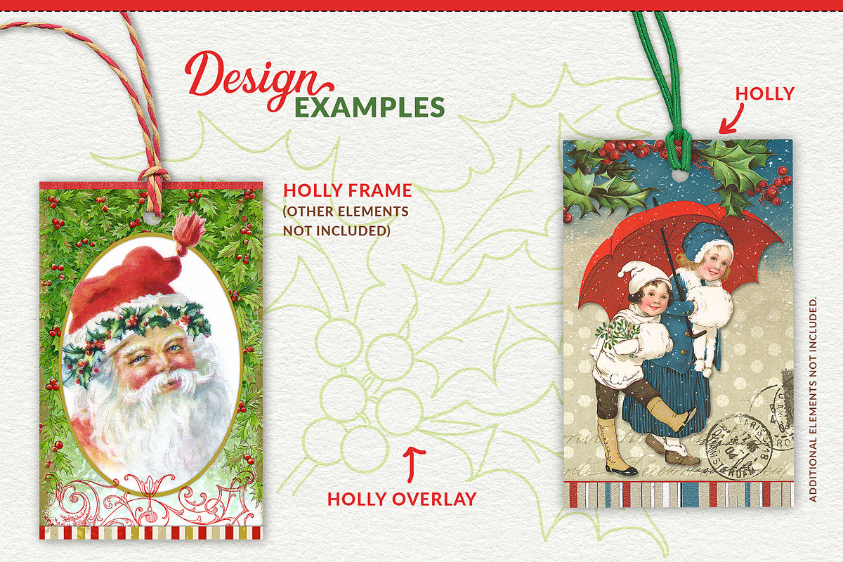Gift tag design examples using the vintage holly illustrations digital graphics.