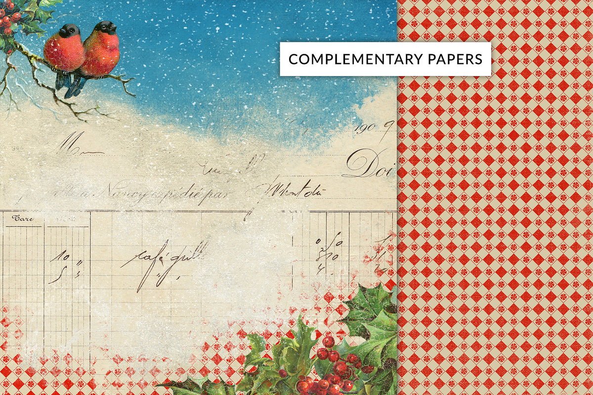 Scrapbook digital papers with vintage Christmas designs and Bullfinches.