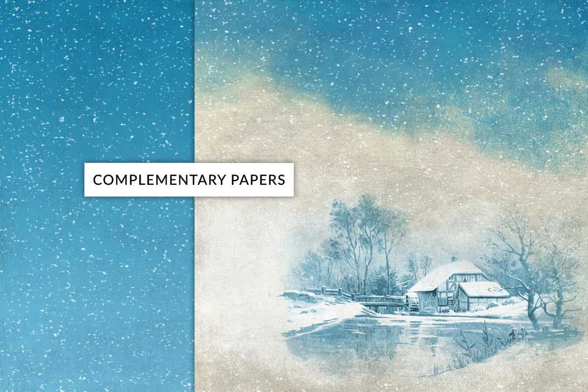 Scrapbook digital papers with snow falling on blue and a snowy vintage landscape.
