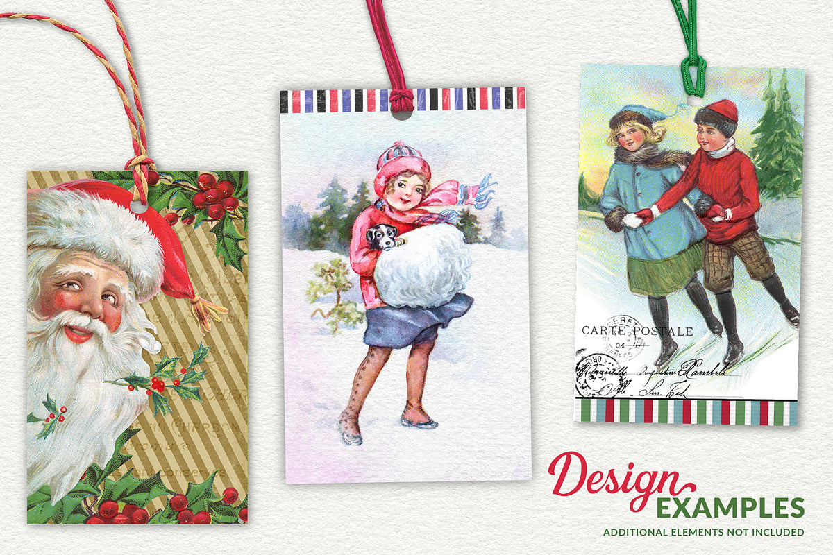 Gift tag designs with vintage Christmas illustrations and striped digital papers.