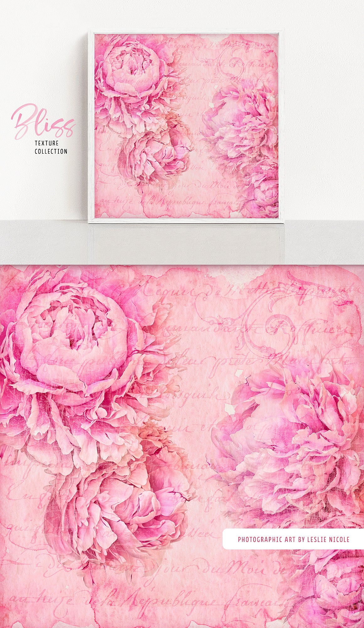 Peonies photograph with watercolor textures by Leslie Nicole using the Bliss collection.