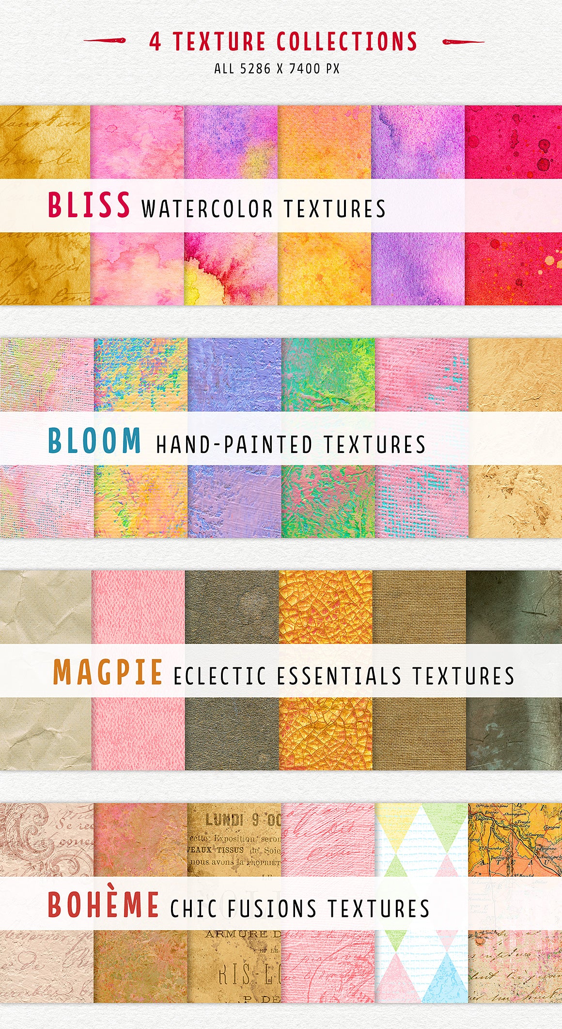 The 4 texture collections in The Complete Inspirational Textures and Elements Collection.