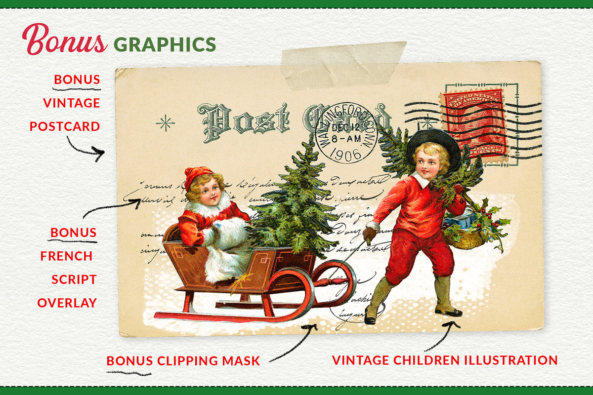Vintage Christmas postcard digital collage design made with bonus graphics.