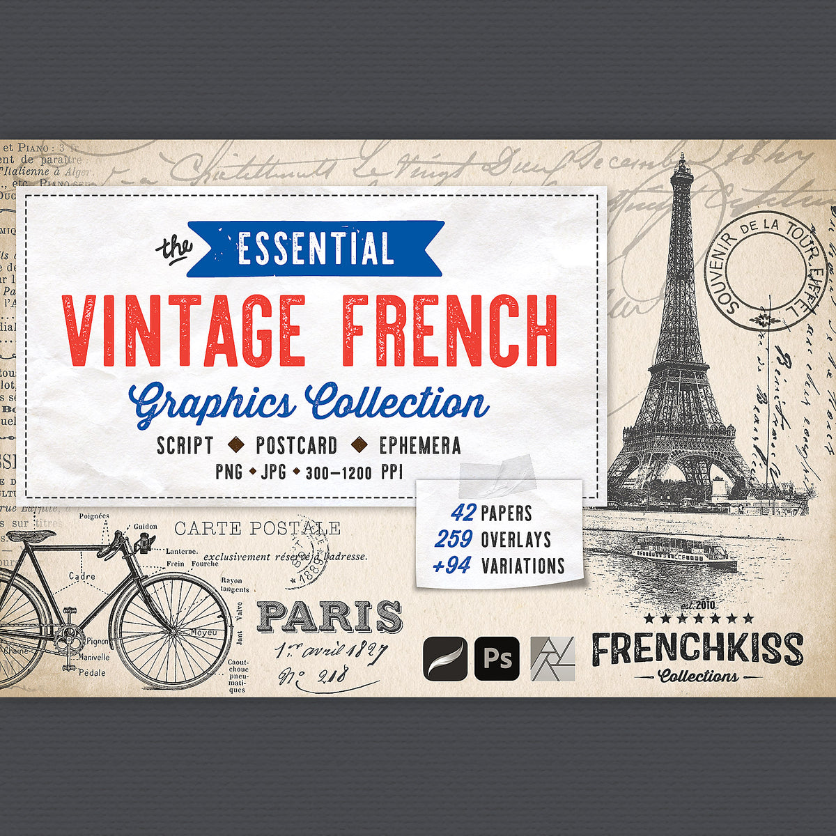 The Essential Vintage French Graphics Collection with 395 digital graphics from script to postcards.