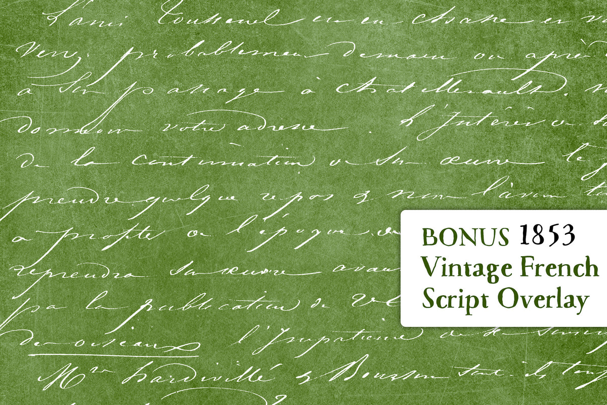1853 vintage French script overlay. PNG and Vector. Extended License.