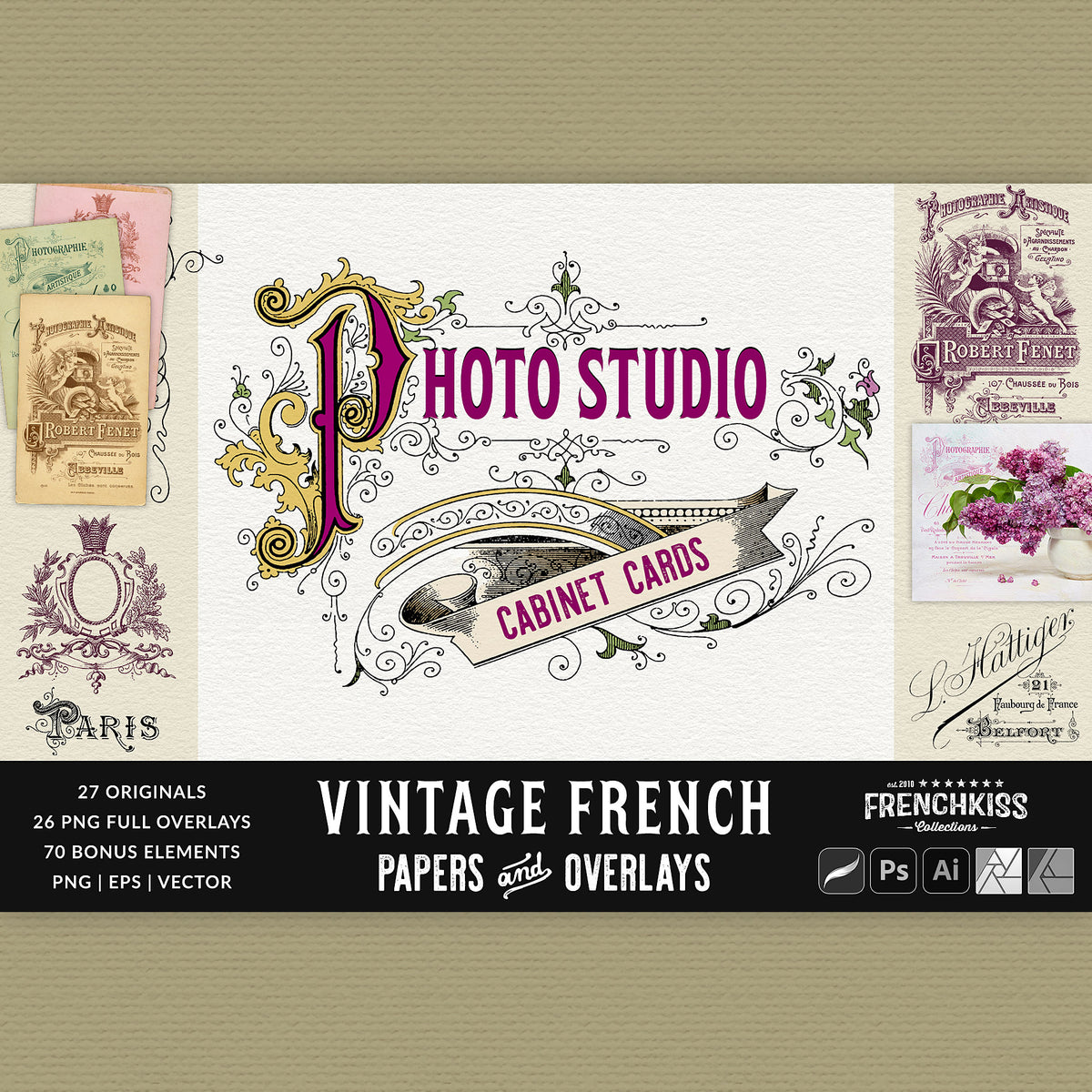 Vintage French Photo Studio Digital Papers and Overlays graphics collection.