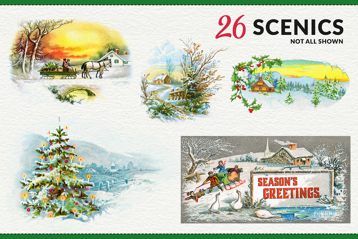 Vintage Christmas landscape illustrations digital graphics. Extended license.