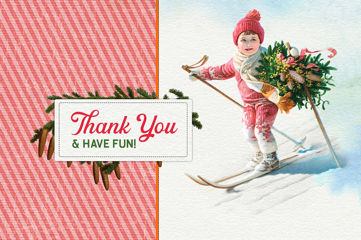 Christmas design with a vintage illustration of a boy skiing with a wreath.